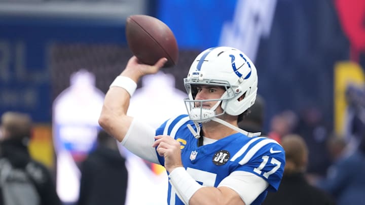 Nov 9, 2025; Berlin, Germany; Indianapolis Colts quarterback Daniel Jones (17) warms up before playing against the Atlanta Falcons during the NFL Berlin Game at Olympic Stadium. Mandatory Credit: Kirby Lee-Imagn Images