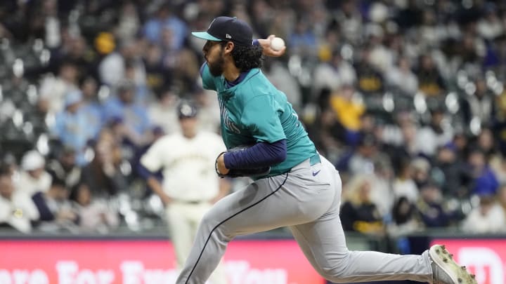 Seattle Mariners pitcher Andres Munoz (75) throws a pitch during the ninth inning against the Milwaukee Brewers at American Family Field on April 6. Seattle Mariners pitcher Andres Munoz (75) throws a pitch during the ninth inning against the Milwaukee Brewers at American Family Field on April 6.