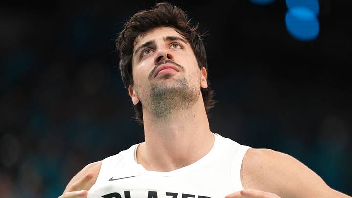 Apr 19, 2026; San Antonio, Texas, USA; Portland Trail Blazers forward Deni Avdija (8) stretches his jersey before game one of the first round of the 2026 NBA Playoffs against the San Antonio Spurs at Frost Bank Center. Mandatory Credit: Scott Wachter-Imagn Images