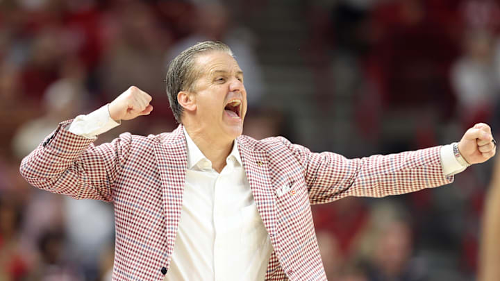Mar 4, 2026; Fayetteville, Arkansas, USA; Arkansas Razorbacks head coach John Calipari during the second half against the Texas Longhorns at Bud Walton Arena. Arkansas won 105-85. Mandatory Credit: Nelson Chenault-Imagn Images Mar 4, 2026; Fayetteville, Arkansas, USA; Arkansas Razorbacks head coach John Calipari during the second half against the Texas Longhorns at Bud Walton Arena. Arkansas won 105-85. Mandatory Credit: Nelson Chenault-Imagn Images
