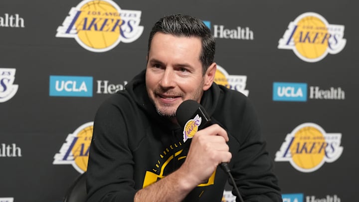 Jan 15, 2026; Los Angeles, California, USA; Los Angeles Lakers head coach JJ Redick at press conference at the Crypto.com Arena. Mandatory Credit: Kirby Lee-Imagn Images
