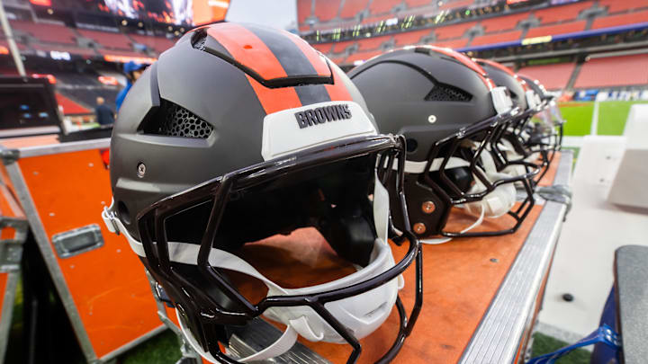 Oct 19, 2025; Cleveland, Ohio, USA; A general view of Cleveland Browns helmets before the game between the Browns and the Miami Dolphins at Huntington Bank Field. Mandatory Credit: Ken Blaze-Imagn Images Oct 19, 2025; Cleveland, Ohio, USA; A general view of Cleveland Browns helmets before the game between the Browns and the Miami Dolphins at Huntington Bank Field. Mandatory Credit: Ken Blaze-Imagn Images