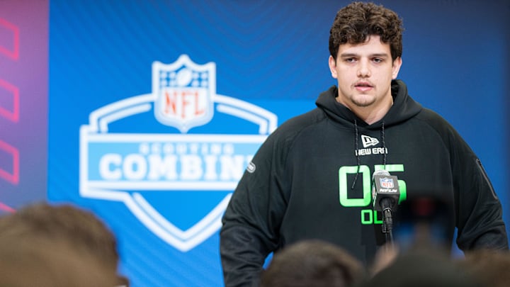 Mar 1, 2025; Indianapolis, IN, USA; Louisiana State University offensive lineman Will Campbell (OL05) answers questions at a press conference during the 2025 NFL Combine at Indiana Convention Center. Mandatory Credit: Jacob Musselman-Imagn Images