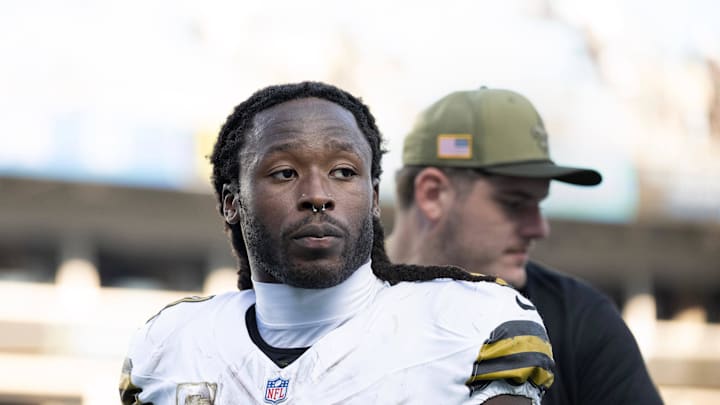 Nov 9, 2025; Charlotte, North Carolina, USA; New Orleans Saints running back Alvin Kamara (41) walks off the field after the game at Bank of America Stadium. Mandatory Credit: Bob Donnan-Imagn Images