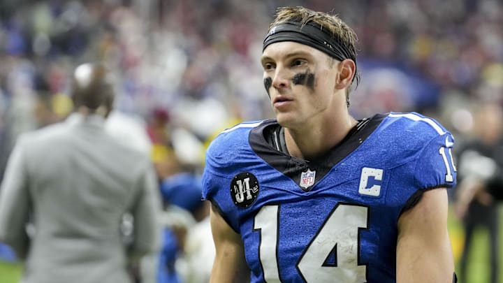 Dec 22, 2025; Indianapolis, Indiana, USA; Indianapolis Colts wide receiver Alec Pierce (14) leaves the field after losing a game against the San Francisco 49ers at Lucas Oil Stadium. Mandatory Credit: Christine Tannous-USA TODAY Network via Imagn Images