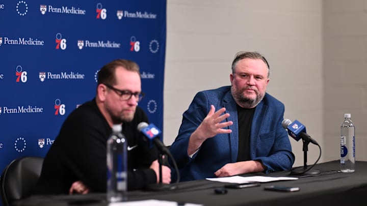Apr 13, 2025; Philadelphia, Pennsylvania, USA; Philadelphia 76ers president of basketball operations Daryl Morey addresses the media with head coach Nick Nurse after the game against the Chicago Bulls at Wells Fargo Center. Mandatory Credit: Kyle Ross-Imagn Images