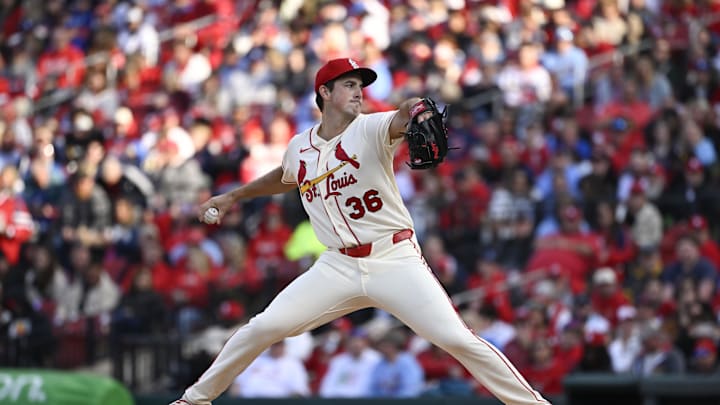 May 2, 2026; St. Louis, Missouri, USA; St. Louis Cardinals starting pitcher Michael McGreevy (36) delivers a pitch against the Los Angeles Dodgers in the first inning at Busch Stadium. Mandatory Credit: Joe Puetz-Imagn Images