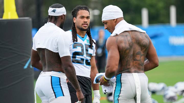 Carolina Panthers wide receiver Xavier Legette (17), running back Jonathon Brooks (25) and running back Chuba Hubbard Carolina Panthers wide receiver Xavier Legette (17), running back Jonathon Brooks (25) and running back Chuba Hubbard
