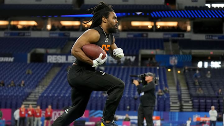 Mar 1, 2025; Indianapolis, IN, USA; Michigan running back Donovan Edwards (RB05) during the 2025 NFL Combine at Lucas Oil Stadium. Mandatory Credit: Kirby Lee-Imagn Images