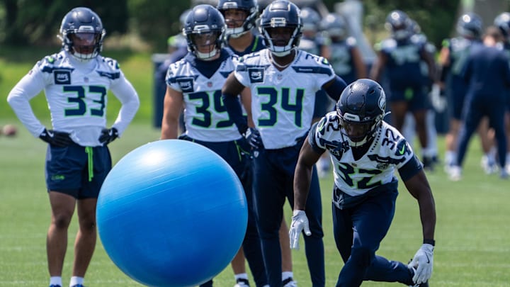Jun 11, 2025; Renton, WA, USA; Seattle Seahawks defensive back Jerrick Reed II (32) takes part in drills during mini-camp at Virginia Mason Athletic Center. Mandatory Credit: Stephen Brashear-Imagn Images Jun 11, 2025; Renton, WA, USA; Seattle Seahawks defensive back Jerrick Reed II (32) takes part in drills during mini-camp at Virginia Mason Athletic Center. Mandatory Credit: Stephen Brashear-Imagn Images