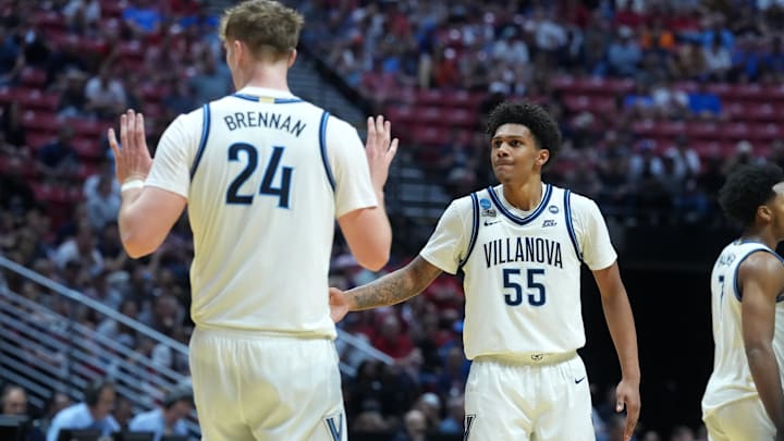 Mar 20, 2026; San Diego, CA, USA; Villanova Wildcats guard Acaden Lewis (55) and forward Duke Brennan (24) react in the second half against the Utah State Aggies during a first round game of the men's 2026 NCAA Tournament at Viejas Arena. Mandatory Credit: Kirby Lee-Imagn Images