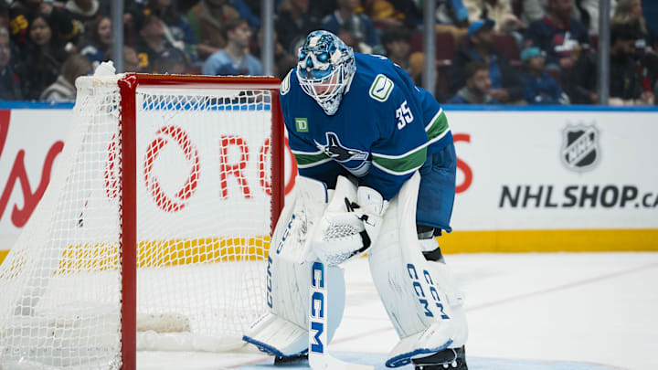 Nov 11, 2025; Vancouver, British Columbia, CAN; Vancouver Canucks goalie Thatcher Demko (35) during a stop in play against the Winnipeg Jets in the first period at Rogers Arena. Mandatory Credit: Bob Frid-Imagn Images