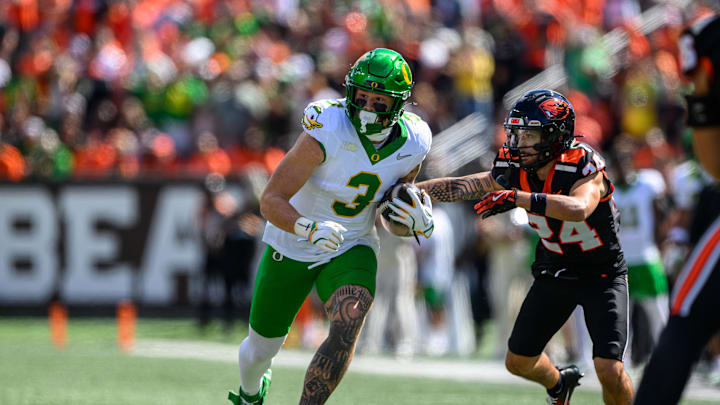 Sep 14, 2024; Corvallis, Oregon, USA; Oregon Ducks tight end Terrance Ferguson (3) runs the ball during the second quarter against the Oregon State Beavers at Reser Stadium. Mandatory Credit: Craig Strobeck-Imagn Images