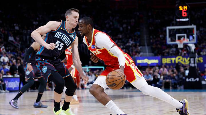 Mar 25, 2026; Detroit, Michigan, USA; Atlanta Hawks forward Jonathan Kuminga (0) dribbles defended by Detroit Pistons forward Duncan Robinson (55) in the second half at Little Caesars Arena. Mandatory Credit: Rick Osentoski-Imagn Images Mar 25, 2026; Detroit, Michigan, USA; Atlanta Hawks forward Jonathan Kuminga (0) dribbles defended by Detroit Pistons forward Duncan Robinson (55) in the second half at Little Caesars Arena. Mandatory Credit: Rick Osentoski-Imagn Images