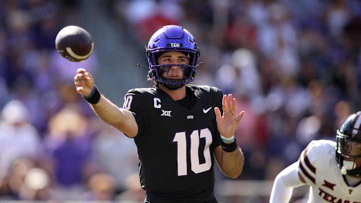 Oct 26, 2024; Fort Worth, Texas, USA;  TCU Horned Frogs quarterback Josh Hoover (10) throws a pass against the Texas Tech Red Raiders in the first quarter at Amon G. Carter Stadium. Mandatory Credit: Tim Heitman-Imagn Images