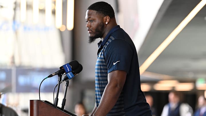 Mar 13, 2025; Foxborough, MA, USA; New England Patriots defensive tackle Milton Williams discusses his recent free agent addition to the Patriots with the media at Gillette Stadium. Mandatory Credit: Eric Canha-Imagn Images