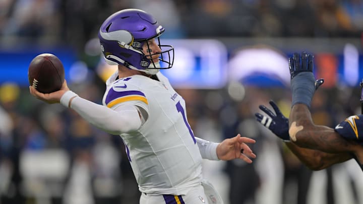 Oct 23, 2025; Inglewood, California, USA;Minnesota Vikings quarterback Carson Wentz (11) drops back to pass against the Los Angeles Chargers during the first half at SoFi Stadium. Mandatory Credit: Jayne Kamin-Oncea-Imagn Images Oct 23, 2025; Inglewood, California, USA;Minnesota Vikings quarterback Carson Wentz (11) drops back to pass against the Los Angeles Chargers during the first half at SoFi Stadium. Mandatory Credit: Jayne Kamin-Oncea-Imagn Images