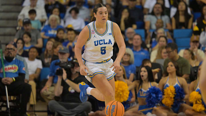 Feb 1, 2026; Los Angeles, California, USA; UCLA Bruins guard Charlisse Leger-Walker (5) handles the ball in the first half against the Iowa Hawkeyes at Pauley Pavilion presented by Wescom Financial. Mandatory Credit: Jayne Kamin-Oncea-Imagn Images Feb 1, 2026; Los Angeles, California, USA; UCLA Bruins guard Charlisse Leger-Walker (5) handles the ball in the first half against the Iowa Hawkeyes at Pauley Pavilion presented by Wescom Financial. Mandatory Credit: Jayne Kamin-Oncea-Imagn Images