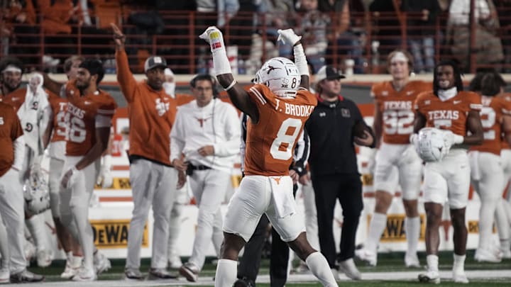 Nov 24, 2023; Austin, Texas, USA; Texas Longhorns defensive back Terrance Brooks (8) celebrates