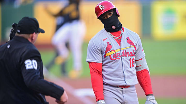 Apr 8, 2025; Pittsburgh, Pennsylvania, USA; St. Louis Cardinals right fielder Jordan Walker (18) reacts after striking out during the first inning against the Pittsburgh Pirates at PNC Park. Mandatory Credit: David Dermer-Imagn Images