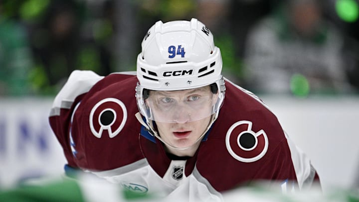 Apr 21, 2025; Dallas, Texas, USA; Colorado Avalanche left wing Joel Kiviranta (94) in action during the game between the Dallas Stars and the Colorado Avalanche in game two of the first round of the 2025 Stanley Cup Playoffs at American Airlines Center. Mandatory Credit: Jerome Miron-Imagn Images