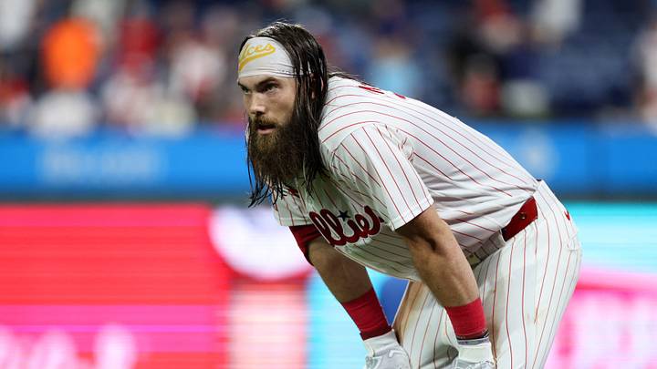 Aug 7, 2026; Philadelphia, Pennsylvania, USA; Philadelphia Phillies left fielder Brandon Marsh (16) looks on after hitting into the final out of a loss against the Toronto Blue Jays at Citizens Bank Park. Mandatory Credit: Bill Streicher-Imagn Images