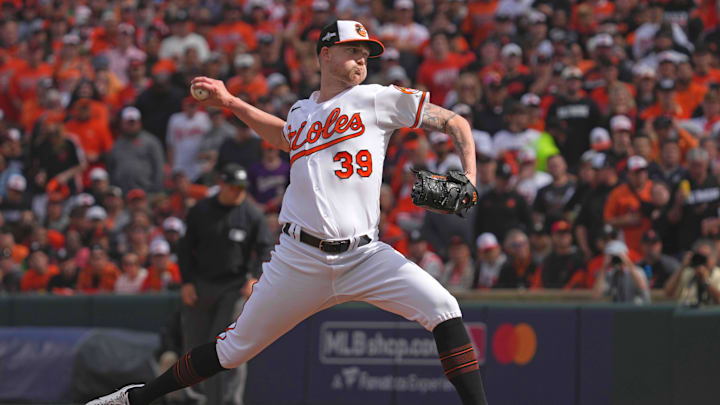 Oct 7, 2023; Baltimore, Maryland, USA; Baltimore Orioles starting pitcher Kyle Bradish (39) throws a pitch during a playoff game against the Texas Rangers