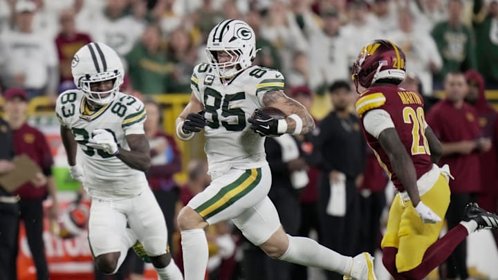 Green Bay Packers tight end Tucker Kraft (85) makes a long reception during the first quarter of their game against the Washington Commanders Thursday, September 11, 2025 at Lambeau Field in Green Bay, Wisconsin.