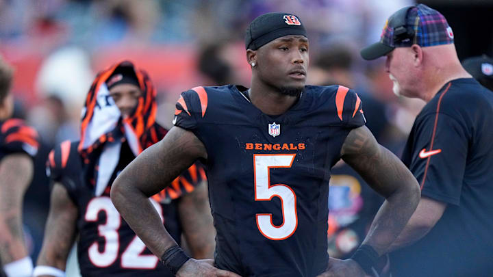 Cincinnati Bengals wide receiver Tee Higgins (5) walks the sideline as the Ravens drive to a win in overtime of the NFL Week 5 game between the Cincinnati Bengals and Baltimore Ravens at Paycor Stadium in downtown Cincinnati on Sunday, Oct. 6, 2024. The Bengals fell to 1-4 on the season with a 41-38 loss to the Ravens.
