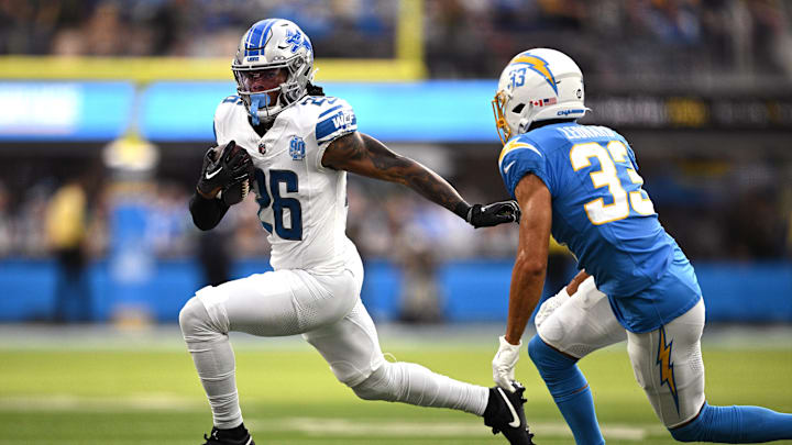 Nov 12, 2023; Inglewood, California, USA; Detroit Lions running back Jahmyr Gibbs (26) runs the ball