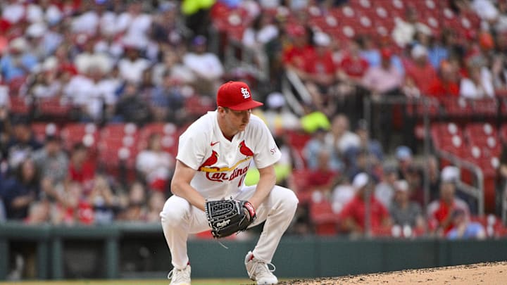 St. Louis Cardinals starting pitcher Erick Fedde (12) reacts after giving up a two run home run to Detroit Tigers designated hitter Riley Greene (not pictured) during the third inning at Busch Stadium on May 20. St. Louis Cardinals starting pitcher Erick Fedde (12) reacts after giving up a two run home run to Detroit Tigers designated hitter Riley Greene (not pictured) during the third inning at Busch Stadium on May 20.