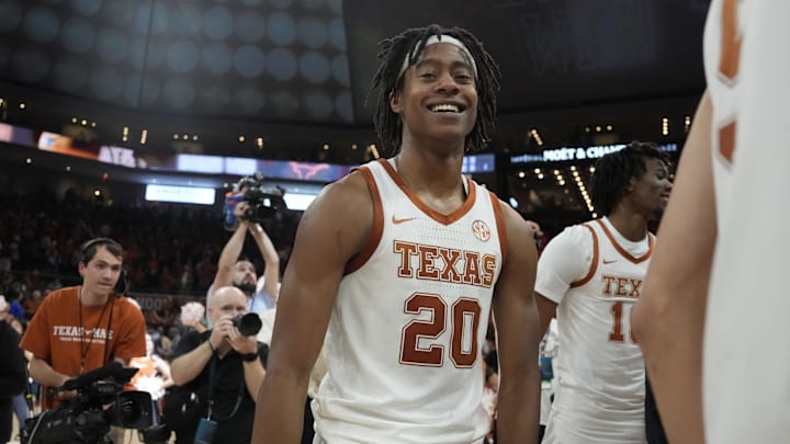 Feb 15, 2025; Austin, Texas, USA; Texas Longhorns guard Tre Johnson (20) reacts after a win over the Kentucky Wildcats at Moody Center.