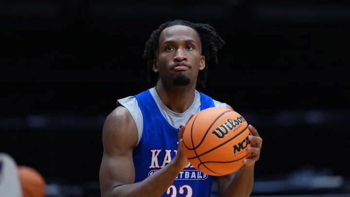 Mar 19, 2026; San Diego, CA, USA; Kansas Jayhawks guard Darryn Peterson (22) during a practice session ahead of the first round of the men's 2026 NCAA Tournament at Viejas Arena. Mandatory Credit: Kirby Lee-Imagn Images