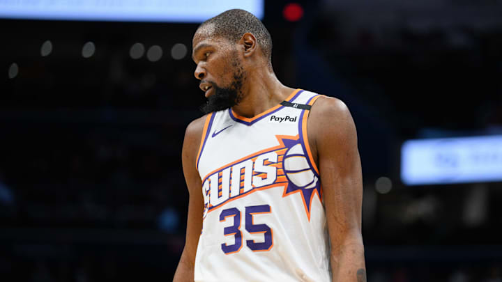 Jan 16, 2025; Washington, District of Columbia, USA; Phoenix Suns forward Kevin Durant (35) looks on during the second quarter against the Washington Wizards at Capital One Arena. Mandatory Credit: Reggie Hildred-Imagn Images