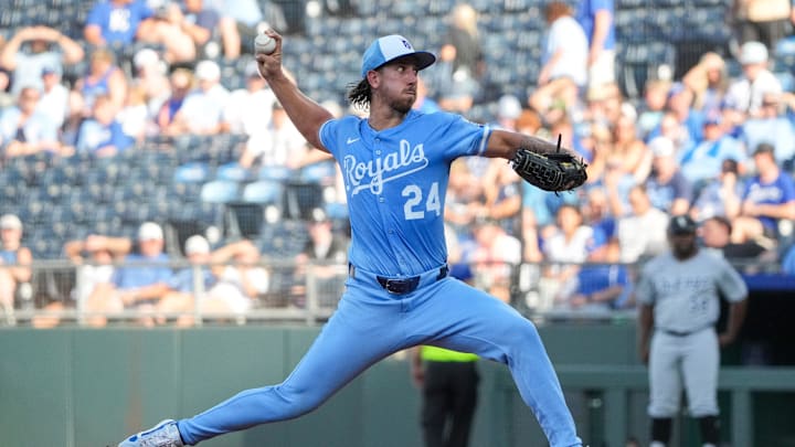 Aug 16, 2025; Kansas City, Missouri, USA; Kansas City Royals starting pitcher Michael Lorenzen (24) delivers a pitch against the Chicago White Sox during the first inning at Kauffman Stadium. Mandatory Credit: Denny Medley-Imagn Images Aug 16, 2025; Kansas City, Missouri, USA; Kansas City Royals starting pitcher Michael Lorenzen (24) delivers a pitch against the Chicago White Sox during the first inning at Kauffman Stadium. Mandatory Credit: Denny Medley-Imagn Images