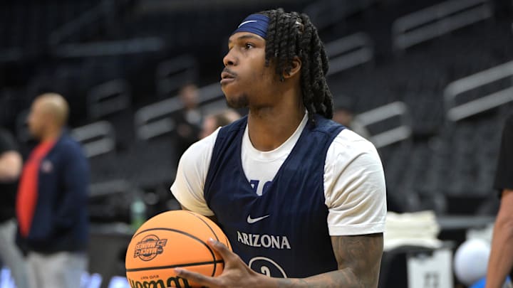 Mar 27, 2024; Los Angeles, CA, USA; Arizona Wildcats guard Caleb Love (2) shoots during practice for their Sweet Sixteen college basketball game in the NCAA tournament at Crypto.com Arena. Clemson and Arizona play on Thursday. Mandatory Credit: Jayne Kamin-Oncea-Imagn Images Mar 27, 2024; Los Angeles, CA, USA; Arizona Wildcats guard Caleb Love (2) shoots during practice for their Sweet Sixteen college basketball game in the NCAA tournament at Crypto.com Arena. Clemson and Arizona play on Thursday. Mandatory Credit: Jayne Kamin-Oncea-Imagn Images