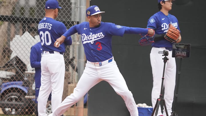Feb 13, 2026; Glendale, AZ, USA; Los Angeles Dodgers pitcher Edwin Diaz (3) throws in the bullpen during spring training camp. Mandatory Credit: Rick Scuteri-Imagn Images
