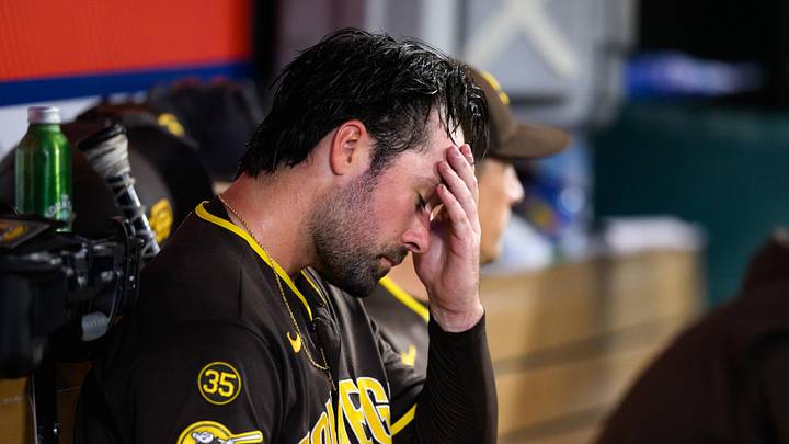 Apr 17, 2026; Anaheim, California, USA; San Diego Padres pitcher Matt Waldron (61) looks on after a pitching change during the fourth inning against the Los Angeles Angels at Angel Stadium. Mandatory Credit: William Liang-Imagn Images