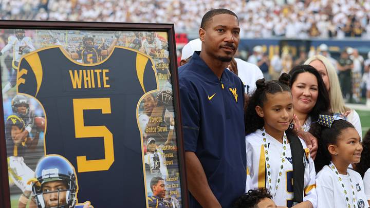 Former West Virginia University quarterback Pat White during his jersey retirement ceromony Former West Virginia University quarterback Pat White during his jersey retirement ceromony