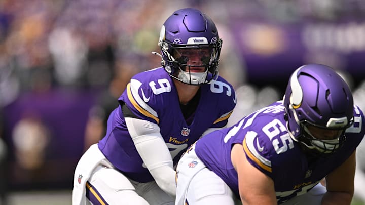 Aug 10, 2024; Minneapolis, Minnesota, USA; Minnesota Vikings quarterback J.J. McCarthy (9) and center Michael Jurgens (65) warm up before the game against the Las Vegas Raiders at U.S. Bank Stadium. Mandatory Credit: Jeffrey Becker-Imagn Images Aug 10, 2024; Minneapolis, Minnesota, USA; Minnesota Vikings quarterback J.J. McCarthy (9) and center Michael Jurgens (65) warm up before the game against the Las Vegas Raiders at U.S. Bank Stadium. Mandatory Credit: Jeffrey Becker-Imagn Images