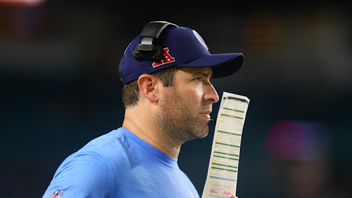 Sep 30, 2024; Miami Gardens, Florida, USA;Tennessee Titans head coach Brian Callahan watches from the sideline against the Miami Dolphins during the fourth quarter at Hard Rock Stadium. Mandatory Credit: Sam Navarro-Imagn Images Sep 30, 2024; Miami Gardens, Florida, USA;Tennessee Titans head coach Brian Callahan watches from the sideline against the Miami Dolphins during the fourth quarter at Hard Rock Stadium. Mandatory Credit: Sam Navarro-Imagn Images