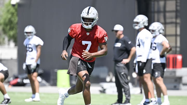 Jun 10, 2025; Henderson, NV, USA; Las Vegas Raiders quarterback Geno Smith (7) runs during a drill during Las Vegas Raiders Minicamp at Intermountain Health Performance Center. Mandatory Credit: Candice Ward-Imagn Images