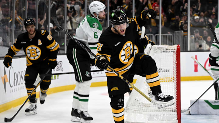 Mar 31, 2026; Boston, Massachusetts, USA; Boston Bruins left wing Viktor Arvidsson (71) reacts after scoring a goal against the Dallas Stars during the first period at the TD Garden. Mandatory Credit: Brian Fluharty-Imagn Images