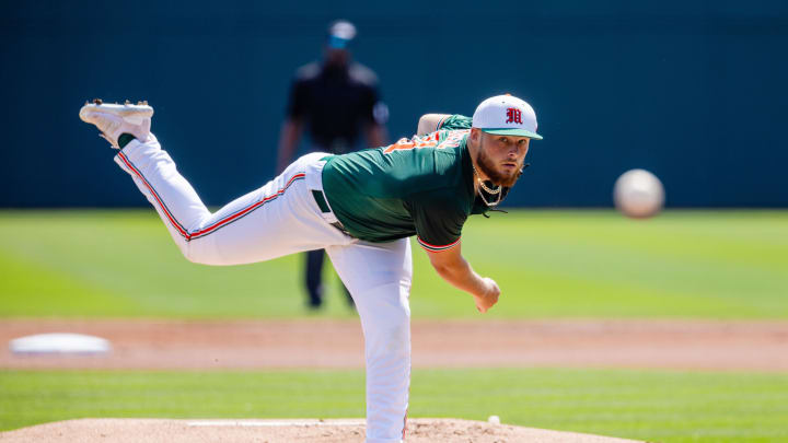 May 23, 2024; Charlotte, NC, USA; Miami (FL) Hurricanes pitcher Gage Ziehl (31) pitches against the Clemson Tigers during the ACC Baseball Tournament at Truist Field. Mandatory Credit: Scott Kinser-USA TODAY Sports