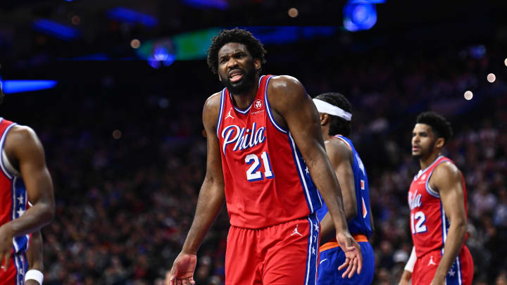 Jan 5, 2024; Philadelphia, Pennsylvania, USA; Philadelphia 76ers center Joel Embiid (21) reacts
