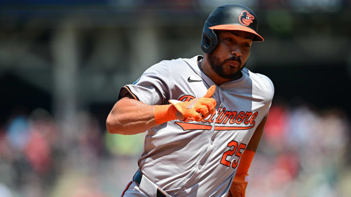 Aug 4, 2024; Cleveland, Ohio, USA; Baltimore Orioles right fielder Anthony Santander (25) runs home to score a run during the third inning against the Cleveland Guardians at Progressive Field.
