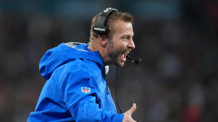Oct 19, 2025; London, United Kingdom; Los Angeles Rams head coach Sean McVay reacts after a play against the Jacksonville Jaguars during the second half of an NFL International Series game at Wembley Stadium. Mandatory Credit: Kirby Lee-Imagn Images