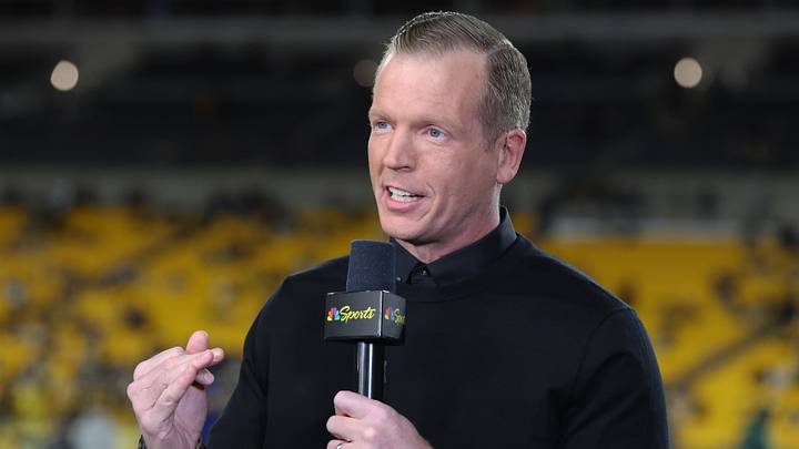 Oct 26, 2025; Pittsburgh, Pennsylvania, USA;  Sunday Football Night in America host Chris Simms delivers the pre-game show before the Pittsburgh Steelers host the Green Bay Packers at Acrisure Stadium. Mandatory Credit: Charles LeClaire-Imagn Images
