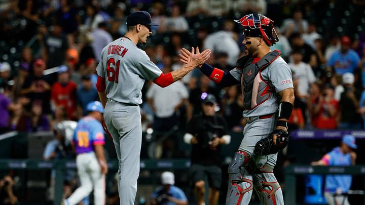 Sep 4, 2026; Denver, Colorado, USA; St. Louis Cardinals relief pitcher Riley O'Brien (61) reacts with catcher Leo Bernal (13) after the game against the Colorado Rockies at Coors Field. Mandatory Credit: Isaiah J. Downing-Imagn Images Sep 4, 2026; Denver, Colorado, USA; St. Louis Cardinals relief pitcher Riley O'Brien (61) reacts with catcher Leo Bernal (13) after the game against the Colorado Rockies at Coors Field. Mandatory Credit: Isaiah J. Downing-Imagn Images