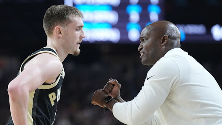 Purdue Boilermakers guard Braden Smith (3) talks to Purdue Boilermakers coach Terry Johnson 